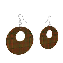 Circle Wooden Earrings, Fall Plaid, Tartan Plaid, Orange and Green Plaid