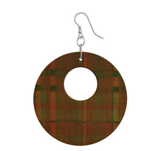 Circle Wooden Earrings, Fall Plaid, Tartan Plaid, Orange and Green Plaid