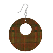 Circle Wooden Earrings, Fall Plaid, Tartan Plaid, Orange and Green Plaid