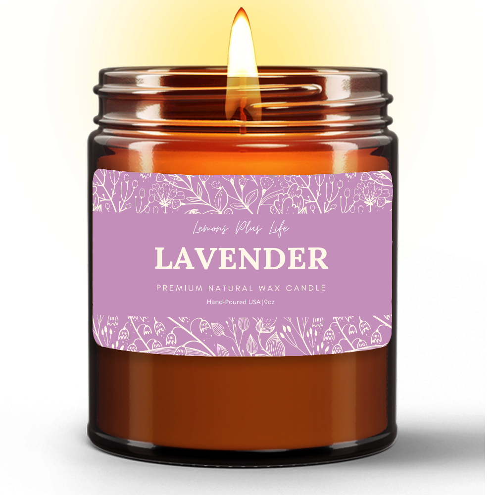 Lavender Natural Wax Candle in Amber Jar (9oz), Hand-Poured
