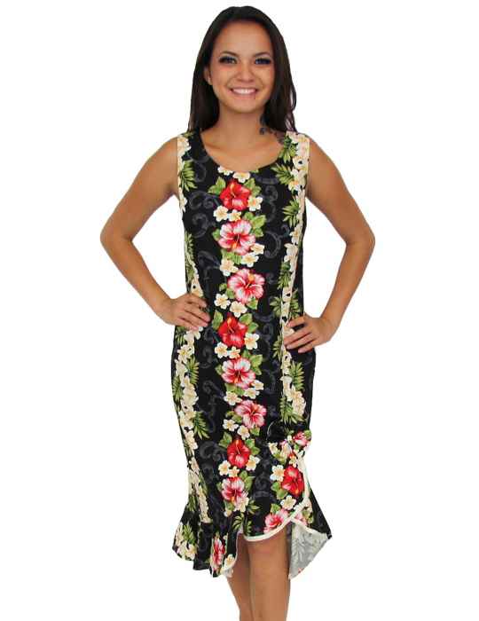 Black Hawaiian Dress Sleeveless Knee Length, Big Island, XS-Plus Size