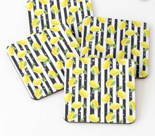 Coaster Set of 4, Zesty, Yellow Lemons, Black & White Stripe, Lemon Coaster Set