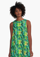A-Line Dress, Green Watercolor, Dragon Scale Pattern, Sleeveless, Flattering on Any Figure