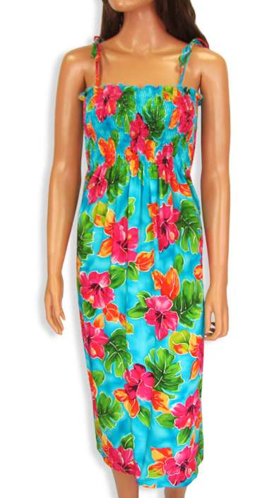 Hawaiian, Hibiscus Watercolor Smock Dress with Straps