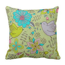 BOHO Pattern Birds & Flowers Decorative Throw Pillow Green Background
