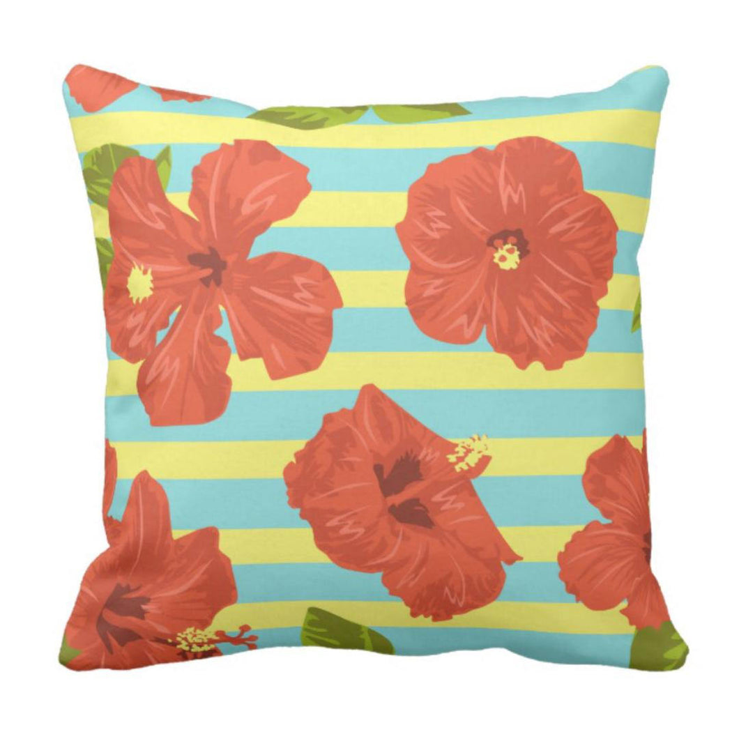 Decorative Throw Pillow Tropical Red Hibiscus with Yellow and Blue Stripes