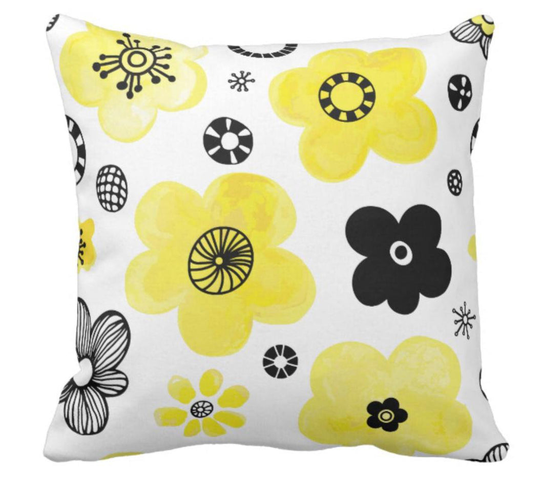 Yellow & Black Retro Floral Throw Pillow