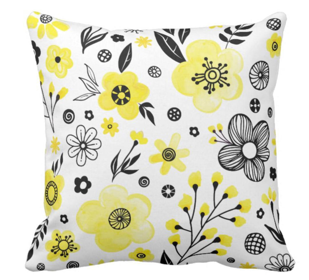 Sunny Yellow & Black Retro Floral Throw Pillow