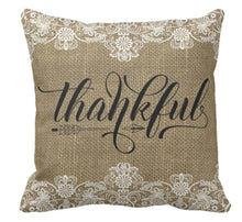 Throw Pillow Burlap and Lace Design "Thankful"
