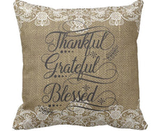 Throw Pillow Burlap and Lace Design "Thankful"