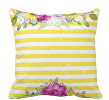 Yellow Striped Purple Sunflower Hydrangea Floral Throw Pillow