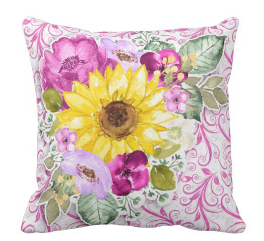 Purple Flowers Yellow Sunflower Watercolor Floral Throw Pillow