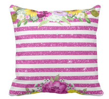 Purple White Stripe Yellow Floral Blooms Throw Pillow