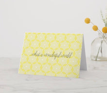 Blank Greeting Card in Yellow Damask "What A Wonderful World"