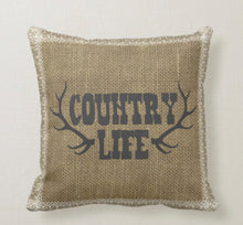 Antler Country Life Burlap & Lace Design Pillow
