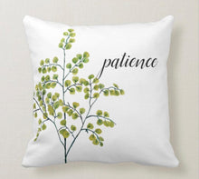 White Throw Pillow Green Botanical "day by day" "Patience"
