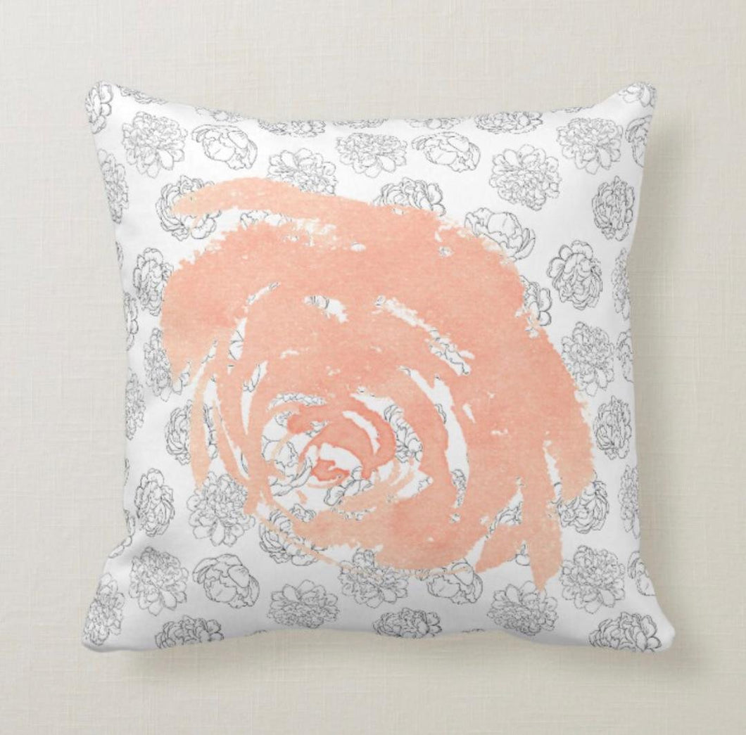 Peach Bloom on Black and White Floral Pillow 16 X 16