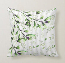 Soft Grey Stripe with Watercolor Green Botanical Throw Pillow 16 X 16