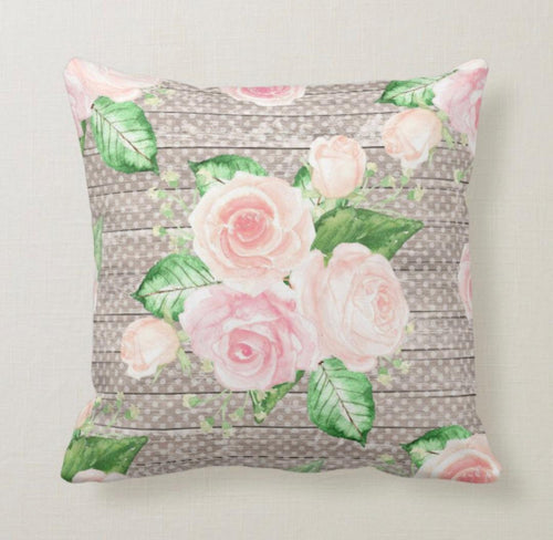 Pink Cottage Rose Bouquet on Tan Polka Dots Pillow