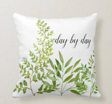 White Throw Pillow Green Botanical "day by day" "Patience"