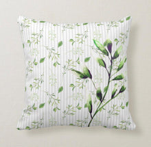Soft Grey Stripe with Watercolor Green Botanical Throw Pillow 16 X 16