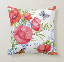 Watercolor Red Poppy, Butterfly, Floral Garden Throw Pillow