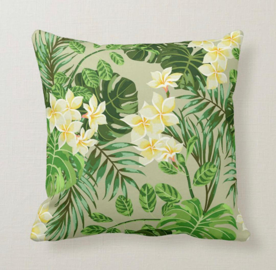 Throw Pillow, Tropical Leaves, Plumeria Blooms, Island Home, Green, White, Yellow, Tropical Decor