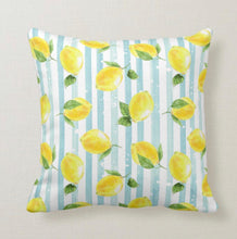Throw Pillow, Yellow Lemon Pattern, Light Blue Stripe, Summer Lemon Pillow, Cottage Style, Lemons and Stripes