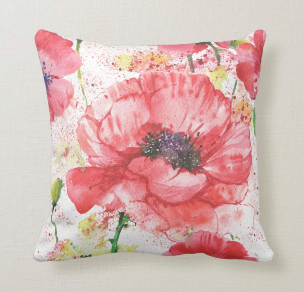 Watercolor, Red Poppy, Floral, Poppy Garden, Throw Pillow