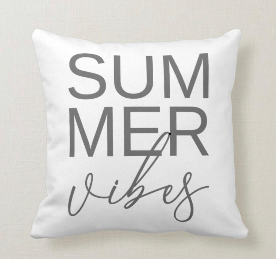 Throw Pillow, Summer Vibes, Gray Typography, Farmhouse, Beach, White Pillow