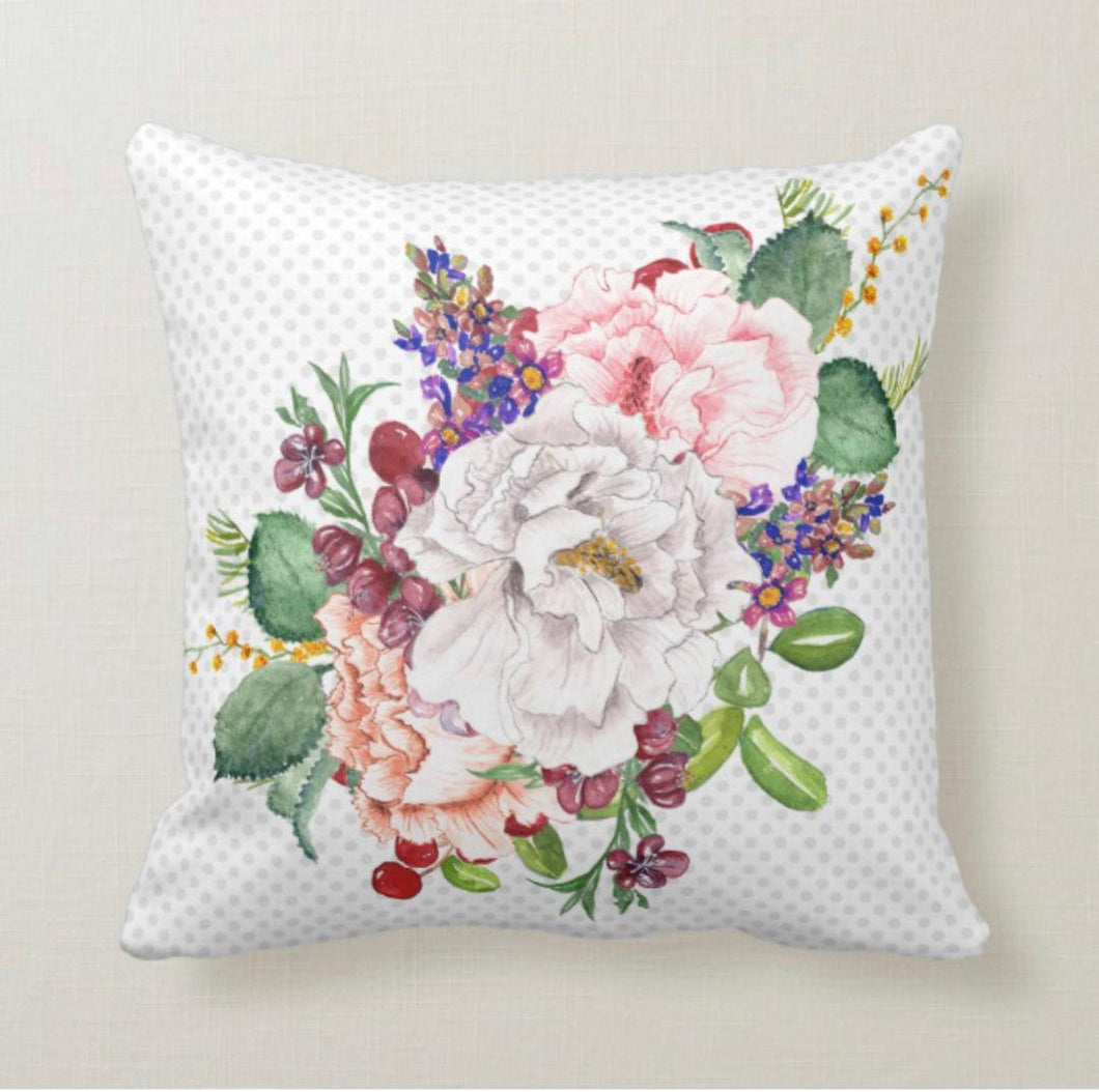 Throw Pillow, Floral Romance, Vintage, Watercolor Floral Bouquet, Polka-Dotted, Garden Inspired Pillow