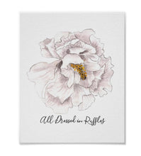 Watercolor Art Print, White Floral, Typography, Dressed in Ruffles, Poster