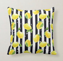 Throw Pillow, Yellow Lemon Pattern, Black & White Striped, Zesty, Summer Pillow, Lemon and Stripe