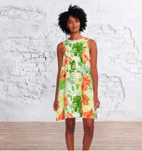 A-Line Dress, Tropical Style, Leaves, Red Hibiscus, Yellow Plumeria, Loose, Flowy Fit, Flatters All Figures, Womens Dress