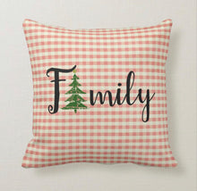 Throw Pillow, Christmas, Red Gingham, Distressed Christmas Tree, "Family" Typography, Vintage Style, Accent Pillow