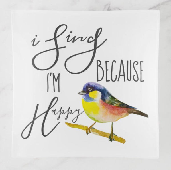 Music Glass Trinket Dish, I Sing Because I’m Happy, Watercolor Bird
