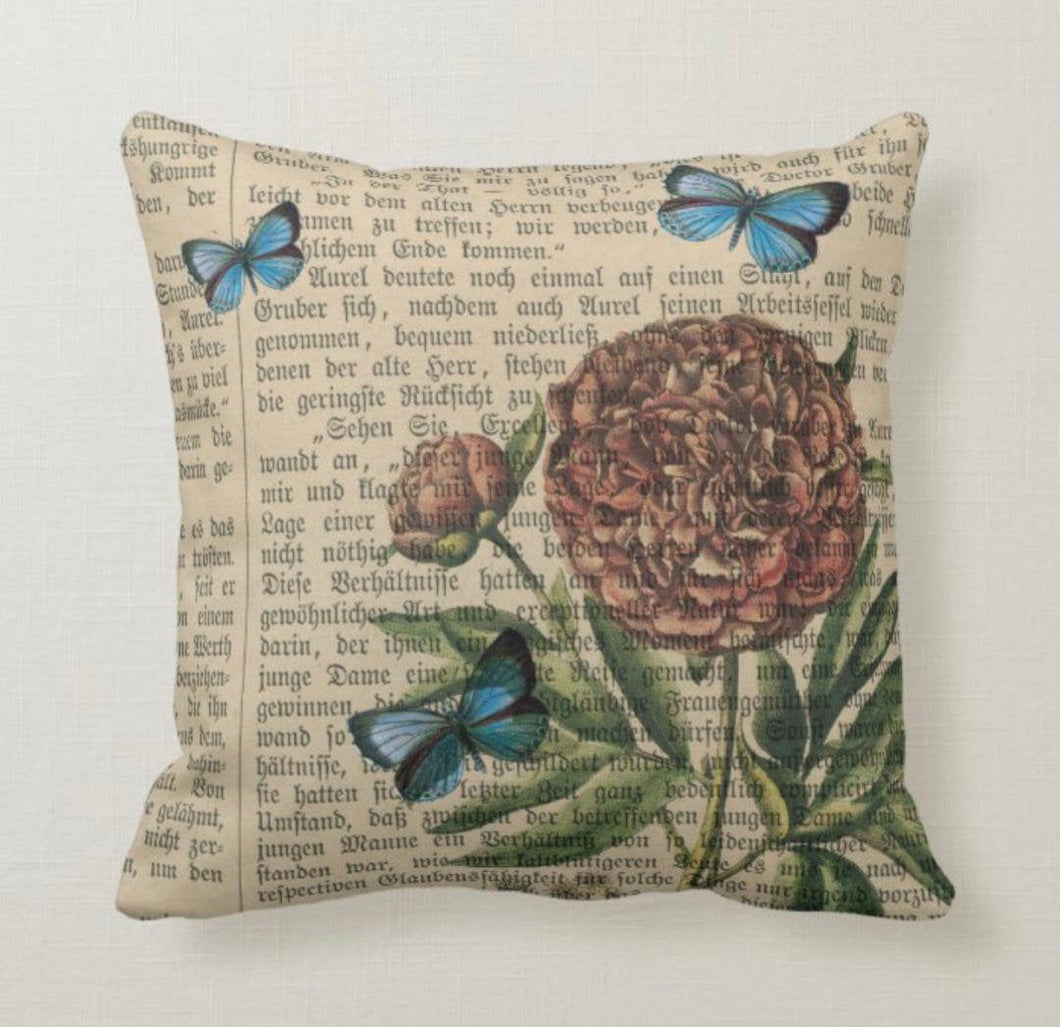 Throw Pillow, Butterfly, Floral, Pattern, Vintage Book Pages, Blue, Tan, Brown, Coral