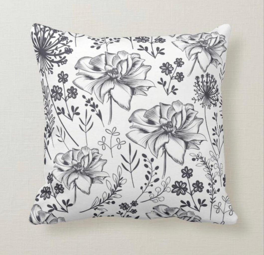 Throw Pillow, Floral Pattern, Roses, Wildflowers, Black & White,