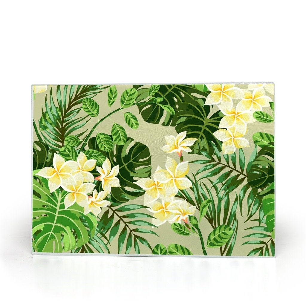 Glass Cutting Board, Plumeria Blooms, Tropical Leaves