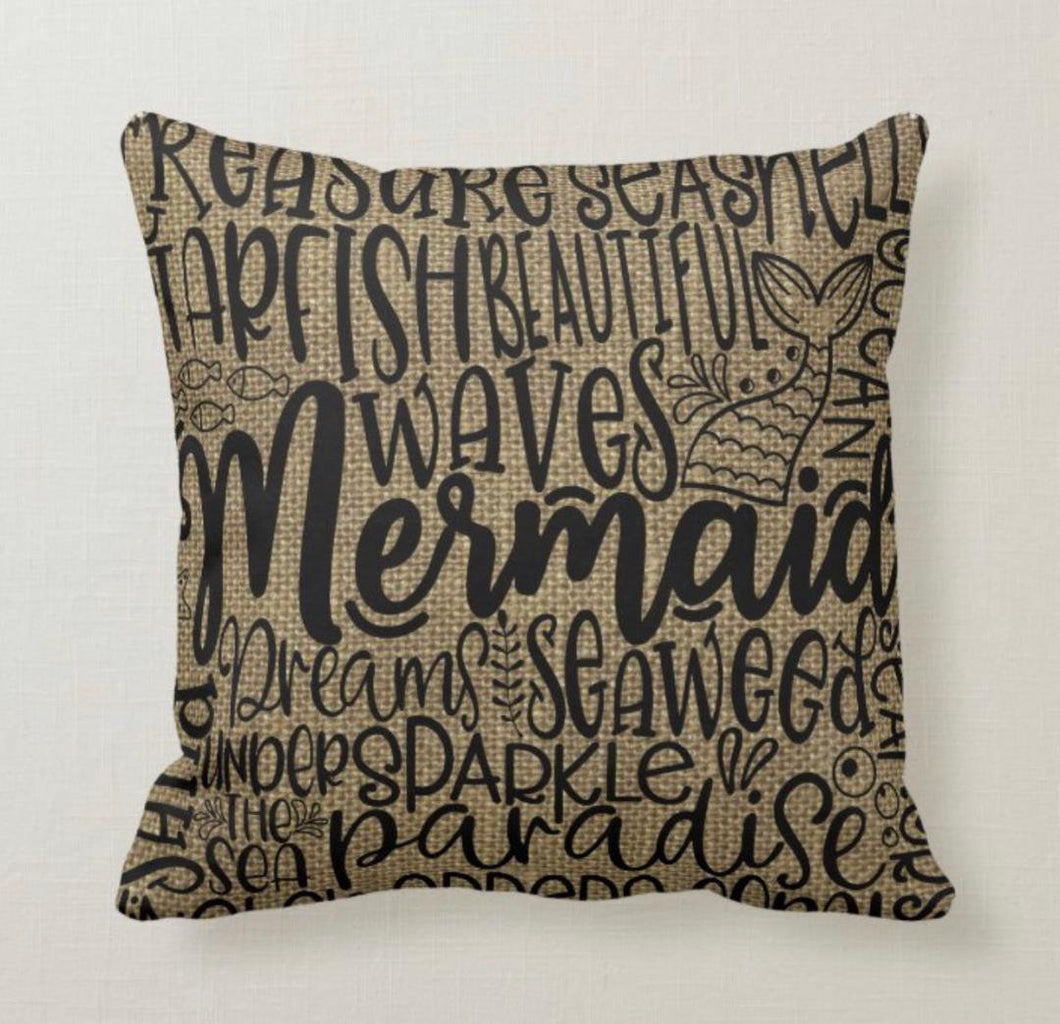 Pillow, Mermaid, Sea Life, Words, Burlap, Throw Pillow