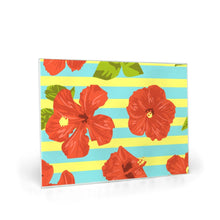 Glass Cutting Board, Red Hibiscus, Blue And Yellow Stripe