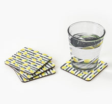Coaster Set of 4, Zesty, Yellow Lemons, Black & White Stripe, Lemon and Stripe, Coaster Set