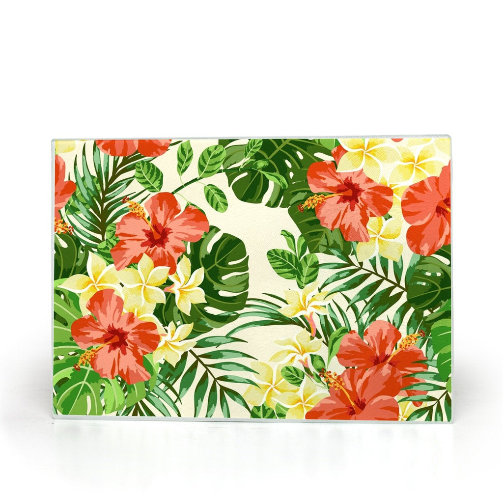 Glass Cutting Board, Red Hibiscus, Tropical Leaves