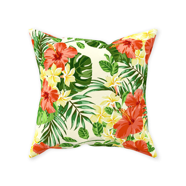 Throw Pillow, Hawaii Floral, Red Hibiscus, Plumeria, Tropical Palm