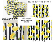 Lemons, Glass Cutting Board, Black And White Stripe, Lemon Kitchen Decor, Citrus Decor