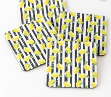 Coaster Set of 4, Zesty, Yellow Lemons, Black & White Stripe, Lemon and Stripe, Coaster Set