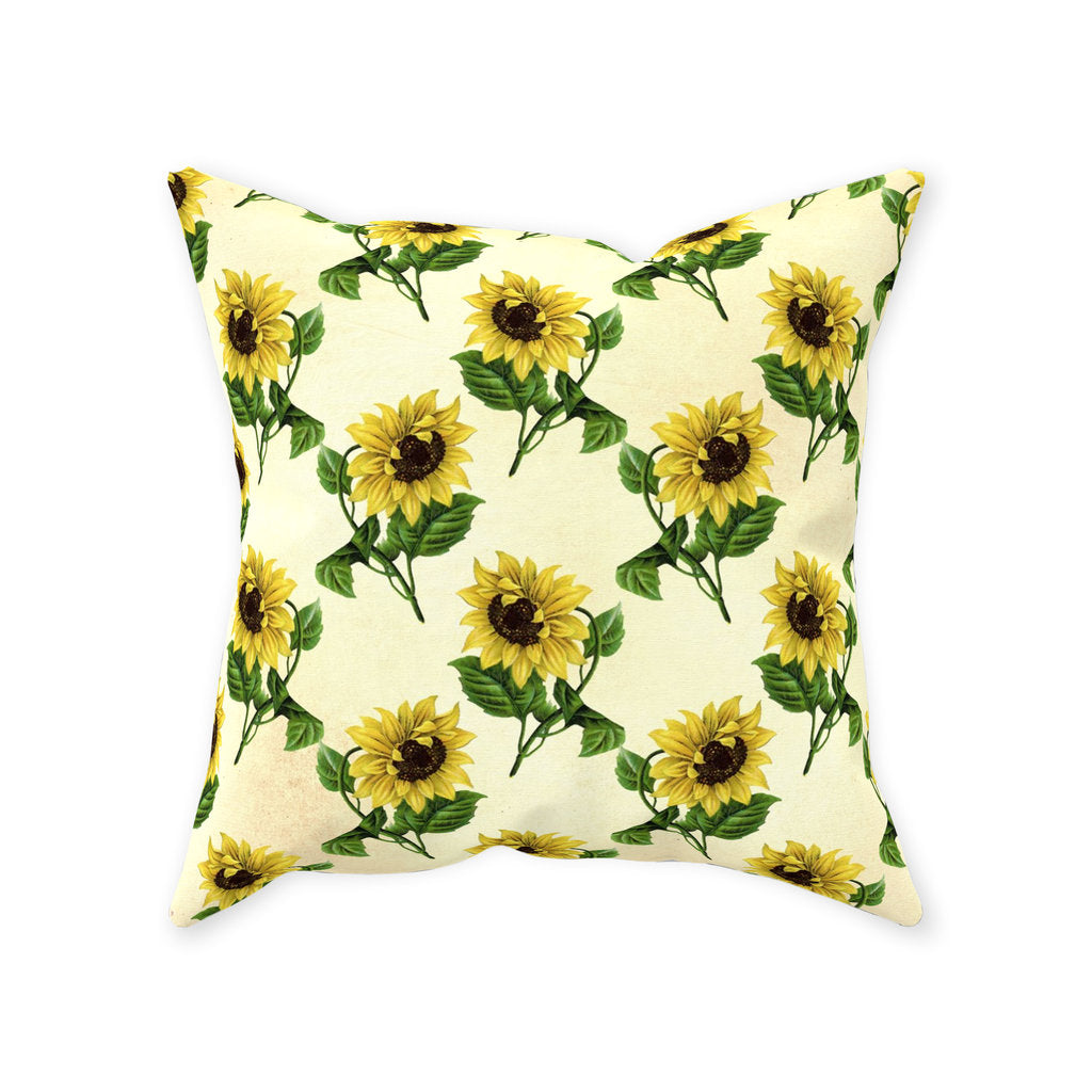 Sunflower Throw Pillow, Yellow Sunflowers, Green Stem And Leaves, Cream Background, Floral Pillow