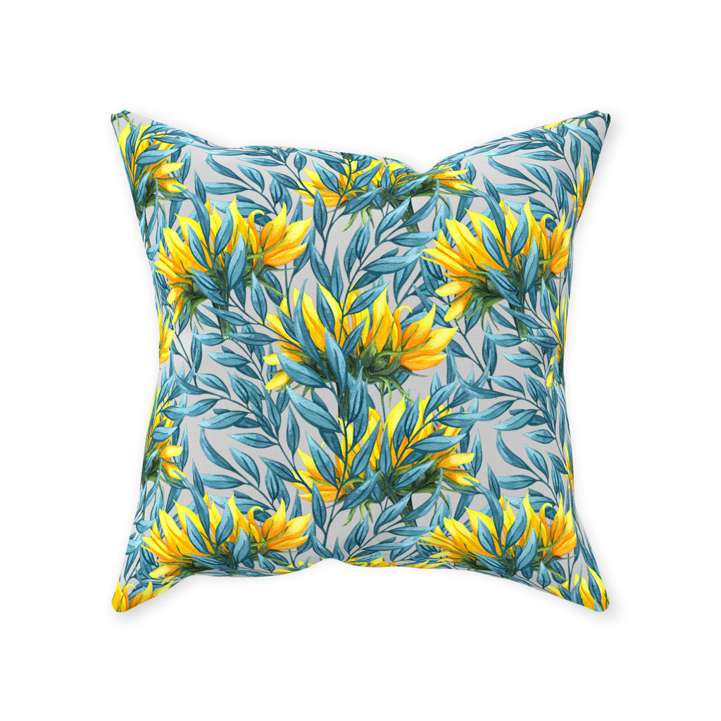 Throw Pillow, Yellow Sunflowers, Blue Leaves, Sunflower Pillow