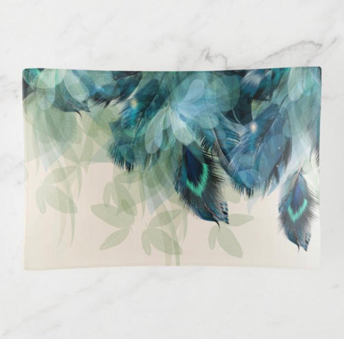 Boho Style, Decorative Glass Tray, Turquoise and Teal Feathers, Glass Trinket Dish