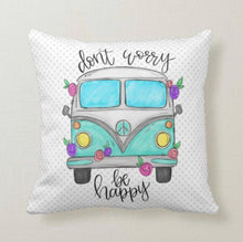 Boho Throw Pillow, Hippie Van, "Don't Worry Be Happy" Polka-Dot Design